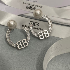 Diamond B Hoop Pearl Earrings